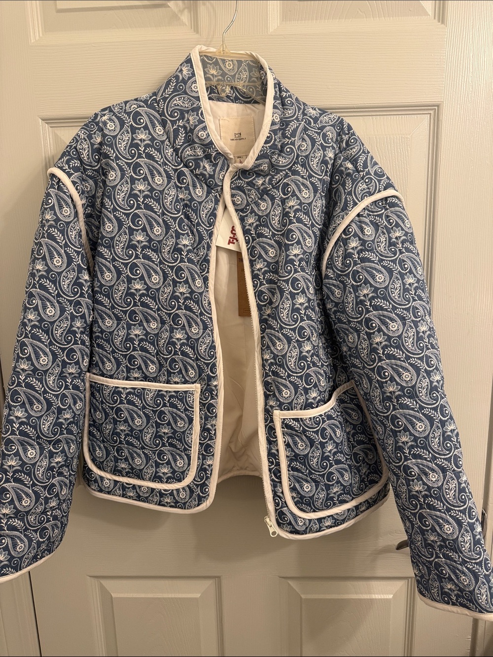 Thread & Supply Blue Paisley Quilted Jacket with Cream Trim